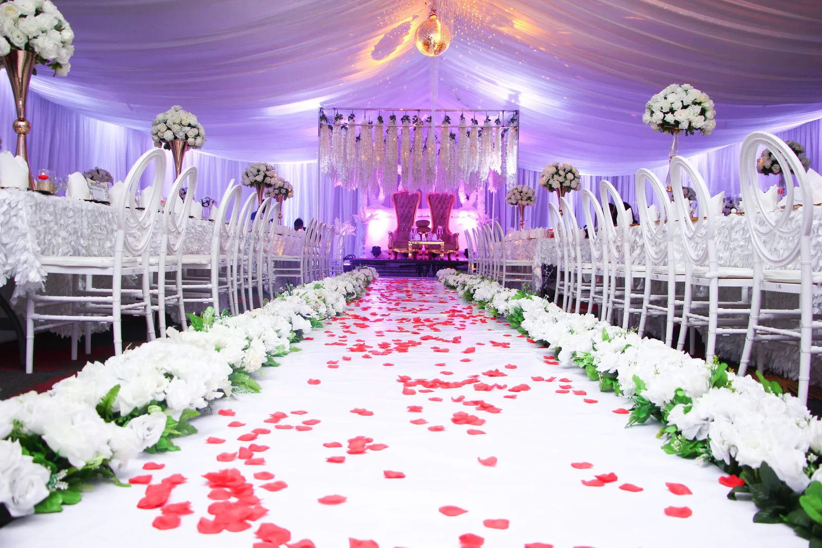 Elegant wedding hall with floral arrangements